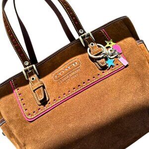 Dark Chocolate Brown, Suede Coach Handbag with Charms and Pink Pipping